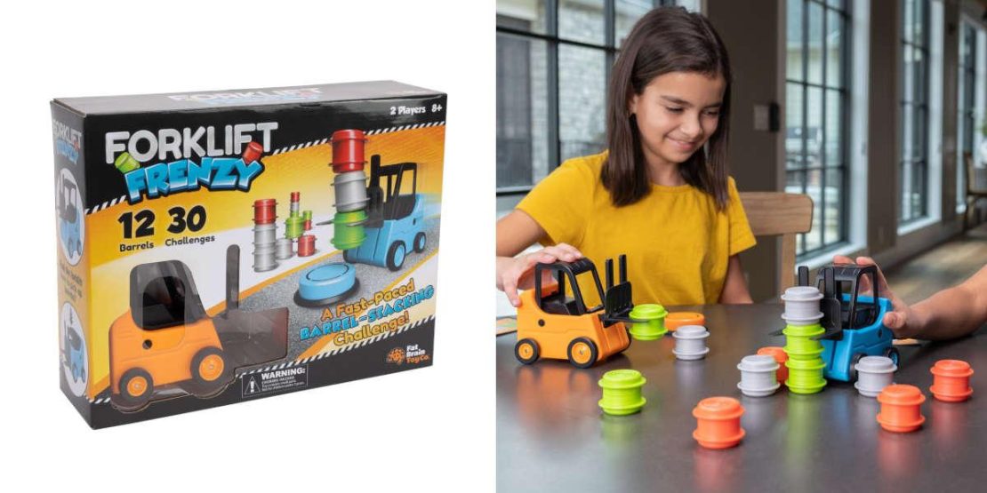Fat Brain Toys Forklift Frenzy Fast-Paced Barrel Stacking Game